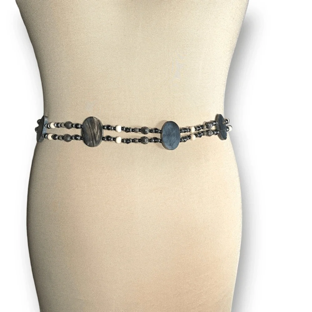 Vintage Reversible Beaded Waist Belt‎ Wood Disc Boho Western Adjustable Chain